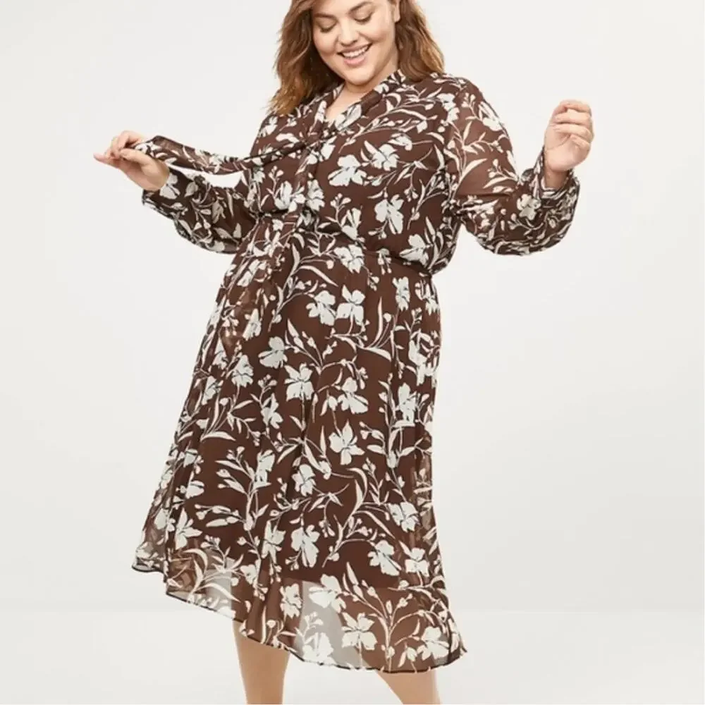 Lane Bryant Tie Neck Bow Brown and Off White Floral Sheer Midi Dress 22